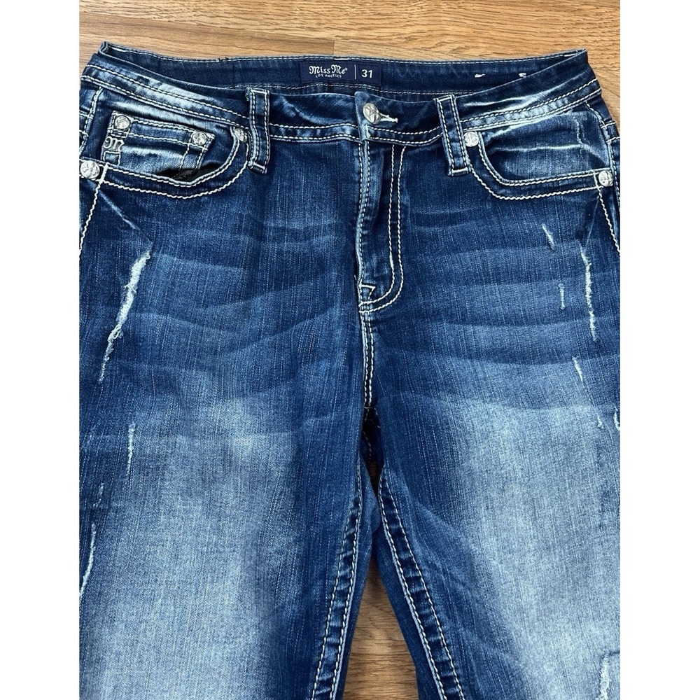 Miss Me Curvy Crop Denim Jeans Size 31 Distressed Leopard Blingy Pockets - Picture 3 of 13